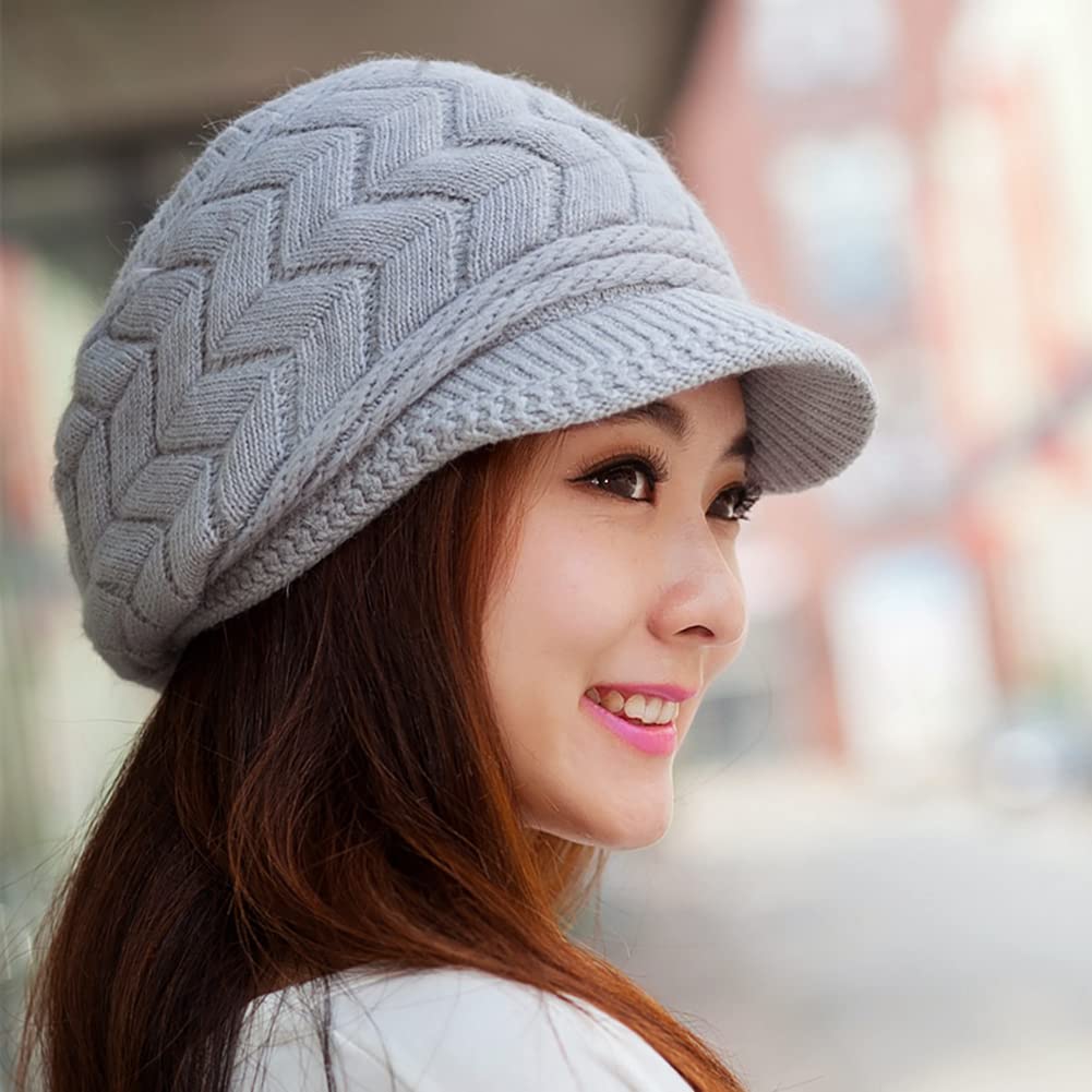 WULIQIUQIU Women Winter Warm Knit Hat Slouchy Beanie Cap Wool Snow Ski Caps with Visor Grey