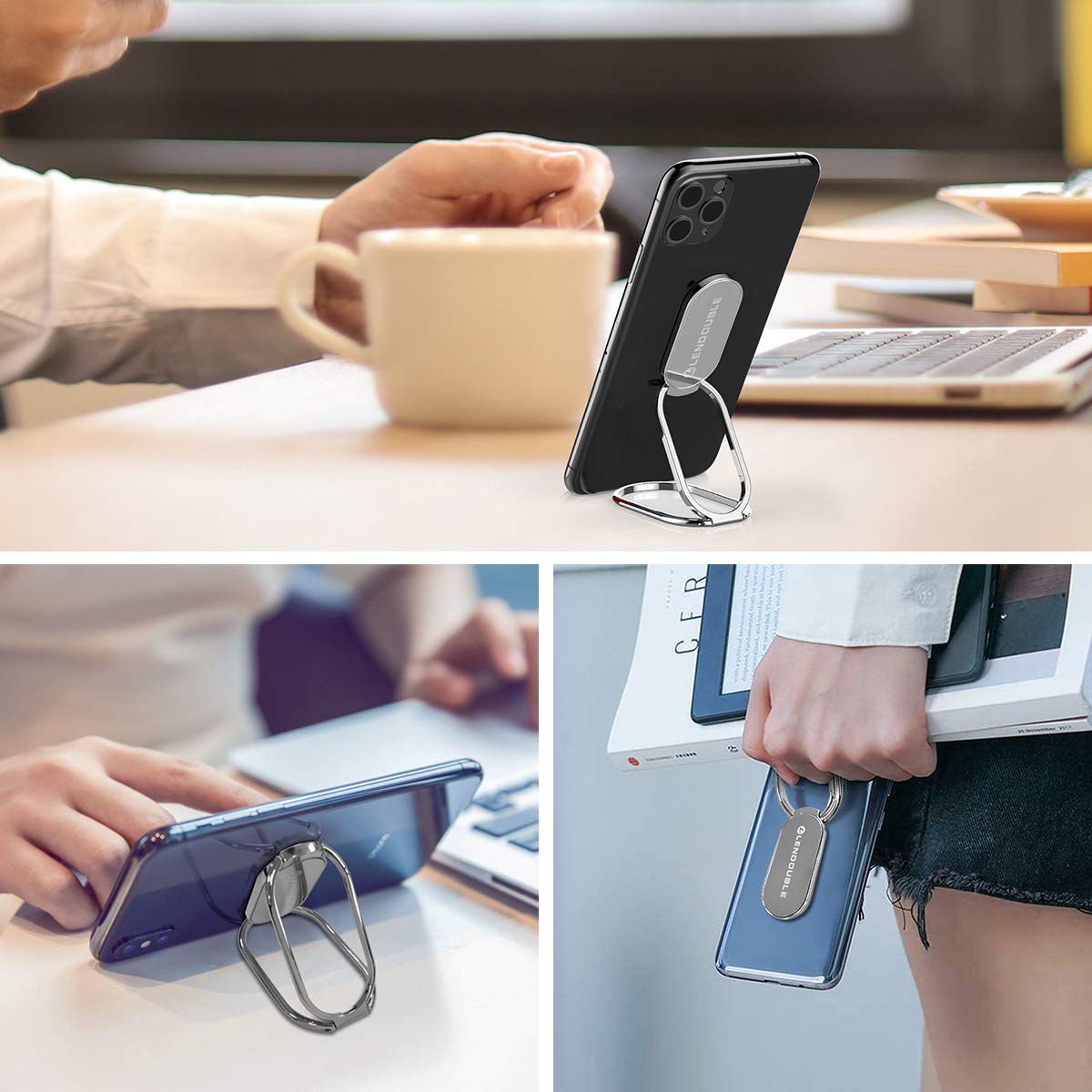 Foldable Cell Phone Stand for Desk, Adjustable Cellphone Ring Holder Finger Kickstand for Office Desktop & Magnetic Car Mount, Rotatable Multi-Angle Hand Grip for iPhone 16 15 Smartphones Back Case