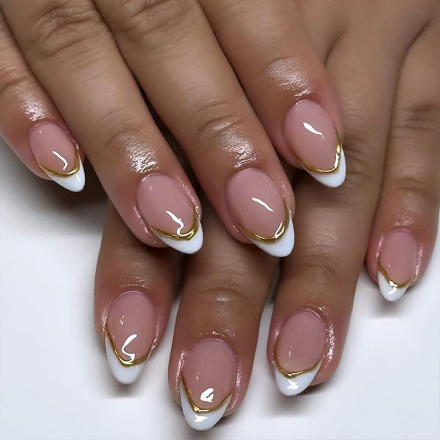 White French Tip Press On Nails - Medium Almond Shape, Nude Glossy Finish with 3D Gold Stripes Design, 24pcs Full Cover Stick On False Nails for Women's Manicure