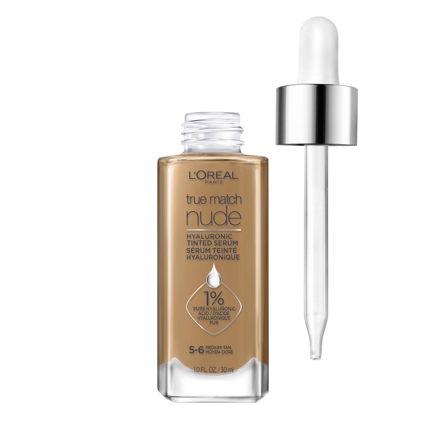L'Oreal Paris True Match Nude Hyaluronic Tinted Serum Foundation with 1% Hyaluronic acid, Medium Tan 5-6, 1 fl. oz.