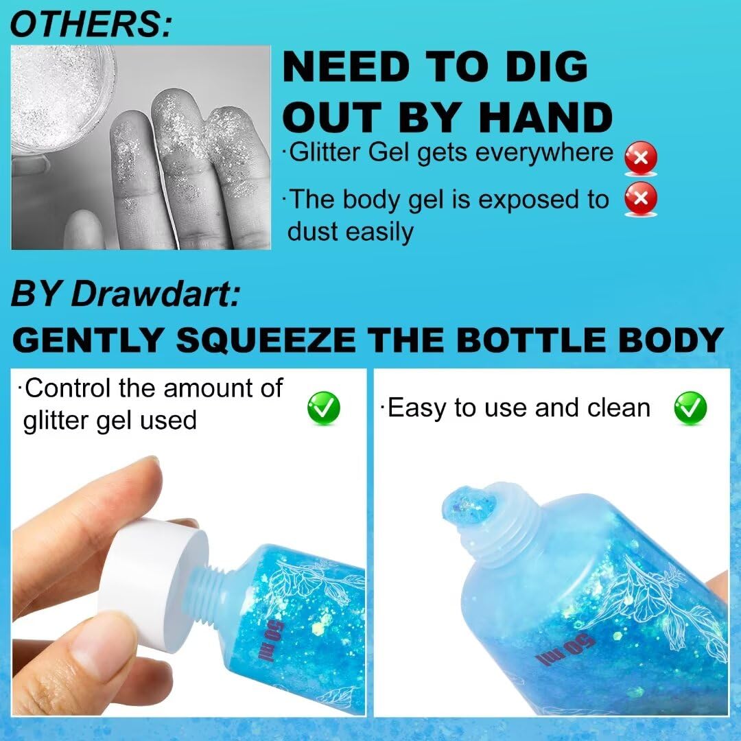 Drawdart Light Blue Face & Body Glitter,Chunky Glitter for Face Body Eye Lip Hair,Singer Concerts Iridescent Face Paint Glitter Makeup 50ml,Easy Application & Removal