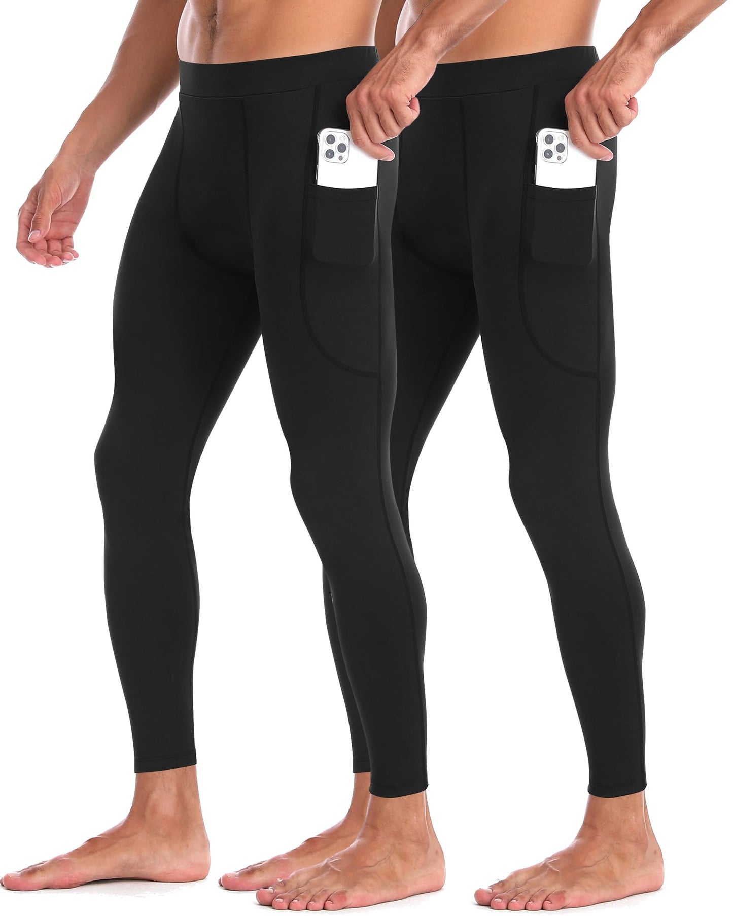 EoBeKee Men's 2 Pack Compression Pants with Pockets, Cold Weather Winter Athletic Football Leggings, Sports Workout Base Layer Tights for Yoga Gym Running Basketball