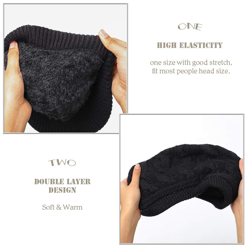 Blufly Winter Hats Cable Knitted Beanie Hat with Visor Beret Ribbed Ski Beanie Cap Slouchy Skull Hat Cap Headwear for Women and Girls (Black)