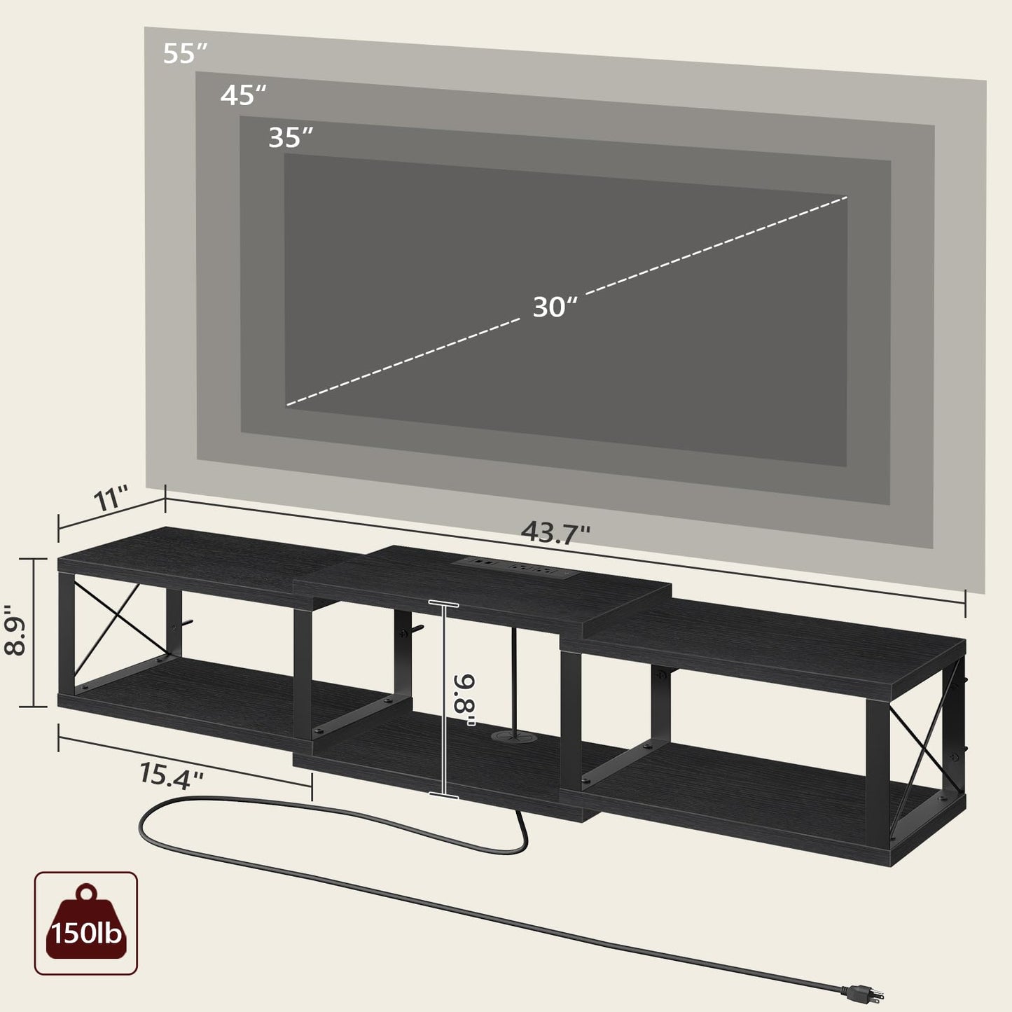 MAHANCRIS Floating TV Stand with Power Outlet, Wall-Mounted Entertainment Console Center with Storage, Floating Metal Frame TV Shelf for Under TV Storage, for Living Room, Bedroom, Black TVHB101E01