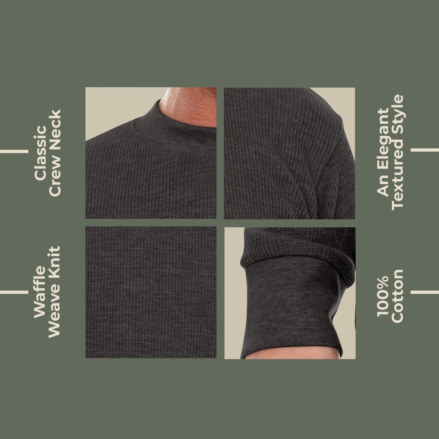 JMR Men's Thermal Shirt Heavy Weight Long Sleeve Waffle Crew Neck Top Underwear, Colors, Sizes (Charcoal, Large)