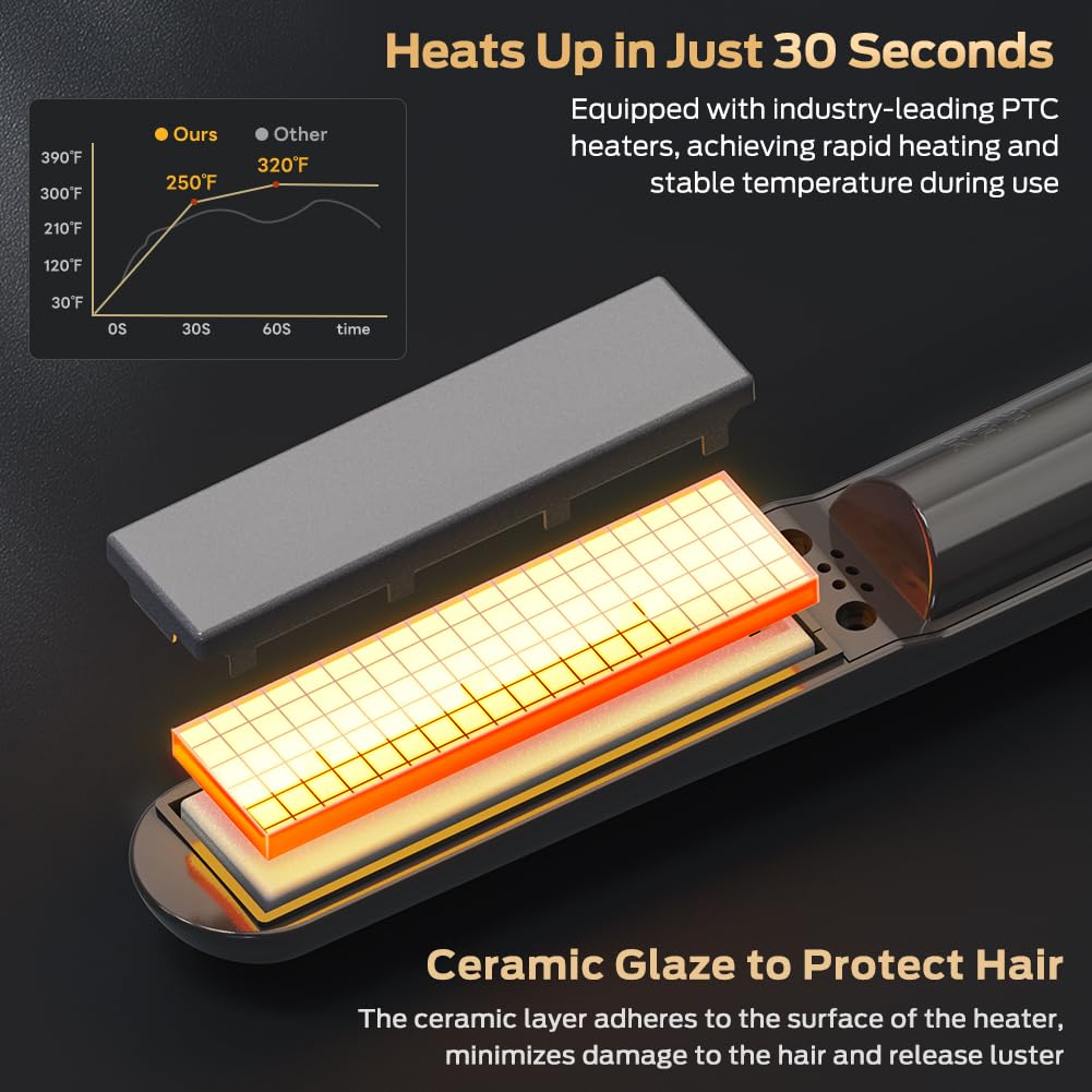 Cordless Hair Straightener and Curler 2 in 1 Ceramic Flat Iron Mini Wireless Portable Travel Hot Tools Straight Curl for Women Men USB Rechargeable with Pouch (Black)