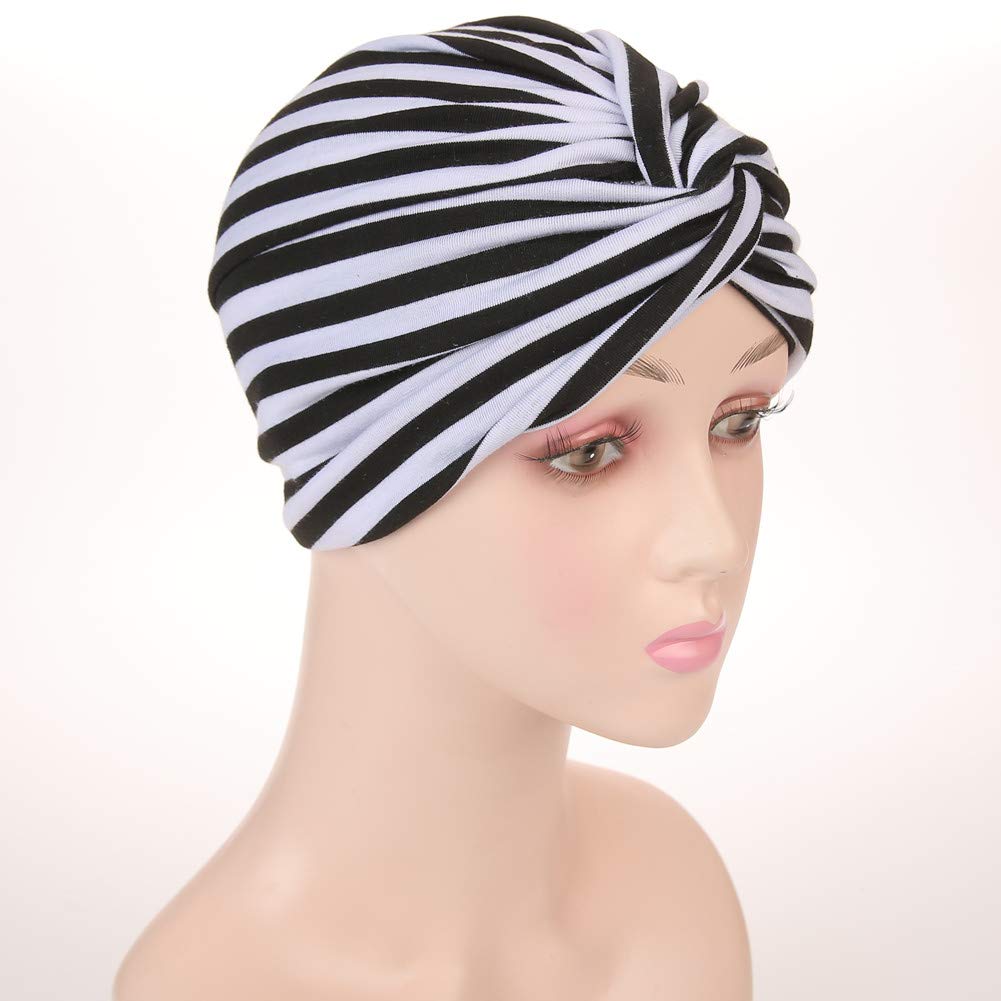 Cotton Striped Beanie Turban Chemo Hat Head Wrap Cap Headwear for Cancer Patients (Black/White)