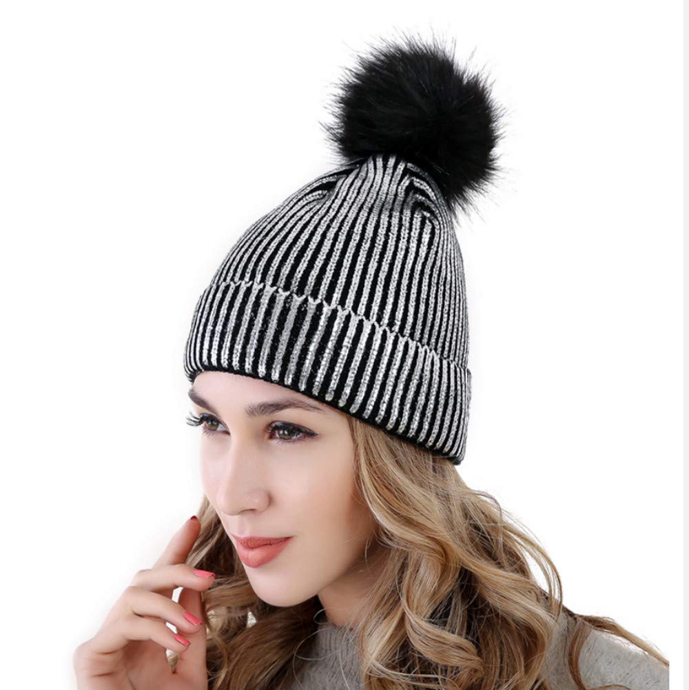 BabyPrice Women Girls Metallic Knitted Winter Beanie Hat Slouchy Faux Fur Pom Pom Skull Cap