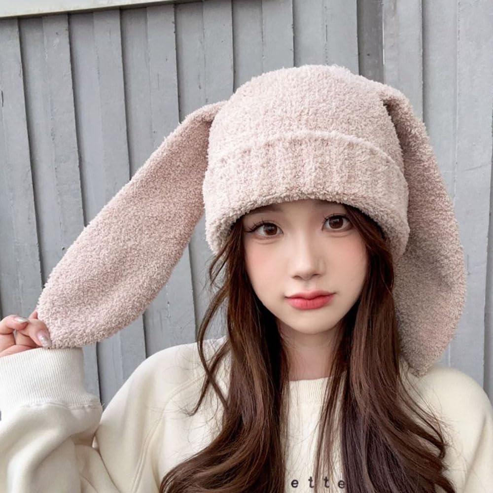 Avilego Y2k Bunny Ear Hats for Women Cute Skull Cap Fluff Warm Beanie Hat for Fall Winter Cold Weather Gift 2023