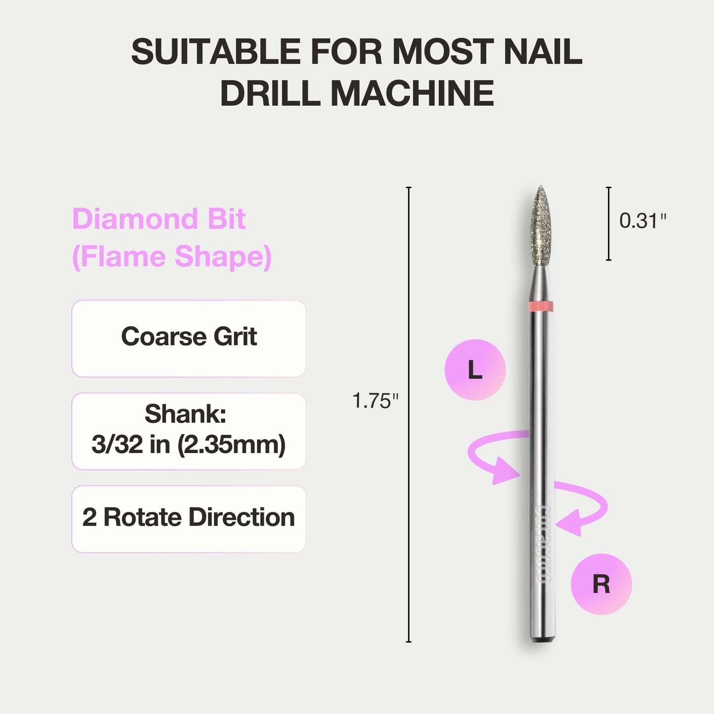 Curacoro Cuticle Nail Drill Bit 3/32'' - 2.1mm Flame Shape Diamond Bit (Coarse) for Professional Finish, Refine & Smooth Acrylic or Gel Nails, Nail Art Pedicure Manicure Salon & Home