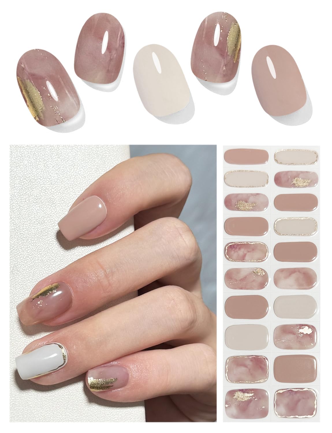 Semi Cured Gel Nail Strips, 20pcs Gel Nail Stickers UV, Semi Cured Gel Nail Wraps for Home Nails DIY -Plum Marble