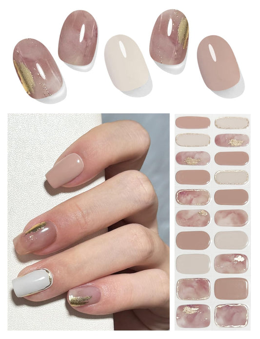 Semi Cured Gel Nail Strips, 20pcs Gel Nail Stickers UV, Semi Cured Gel Nail Wraps for Home Nails DIY -Plum Marble