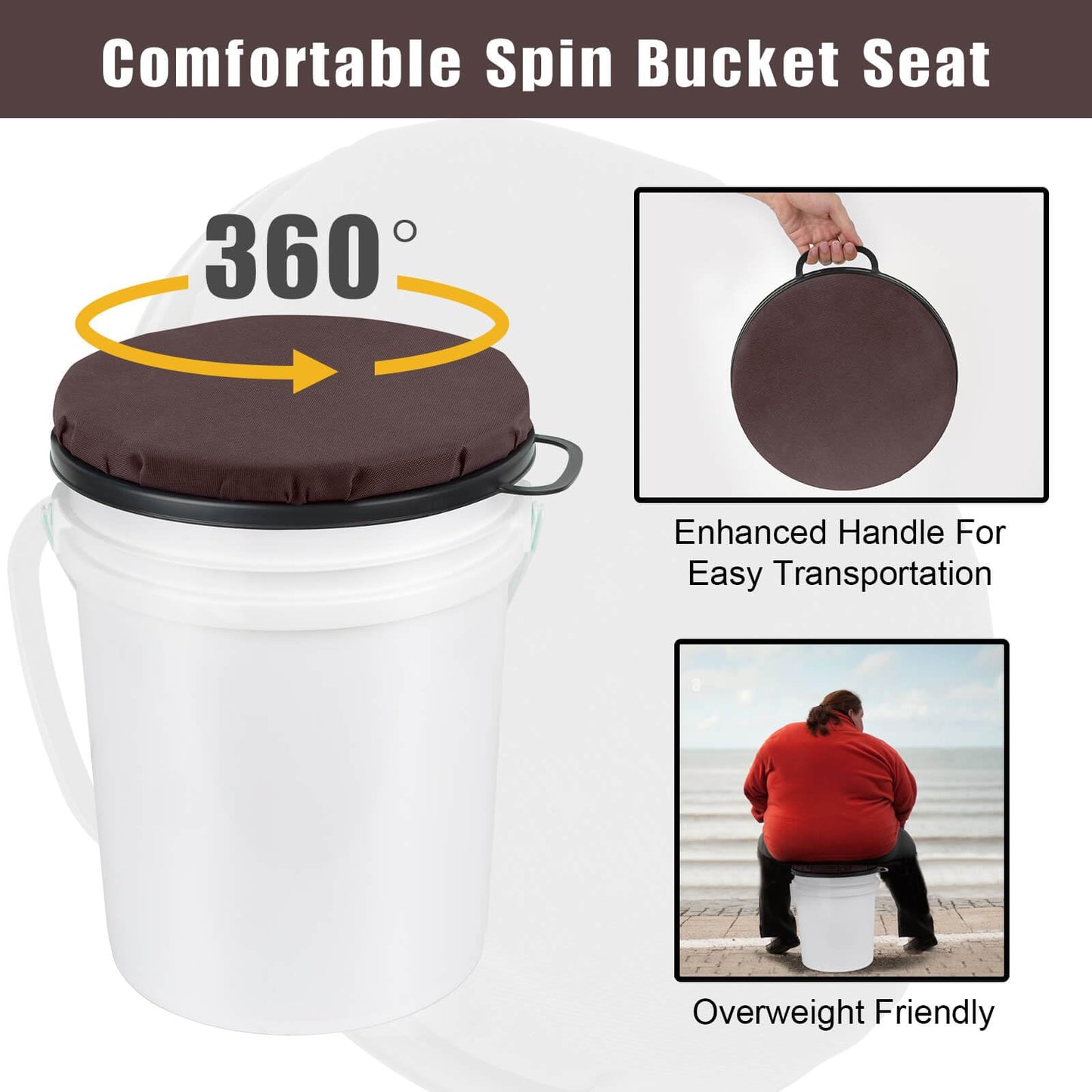 Foxtune 360-Degree Swivel Bucket Seat, 5 Gallon Bucket Lid, Spin Bucket Seat Cushion, Silent, Comfortable, Water-Resistant, for Fishing, Gardening, Hunting and Camping (Coffee Brown)