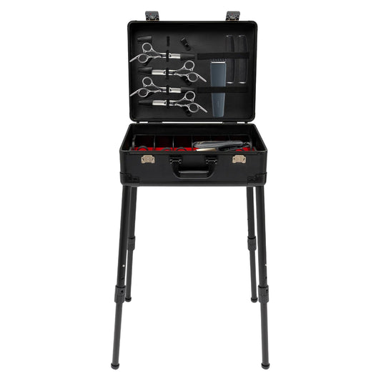CRYBY Barber Case, Rectangular Travel Carrying Case with 4 Support Legs, Professional Hairdresser Tool Box Organizer, Adjustable Height 18.11-31.5In