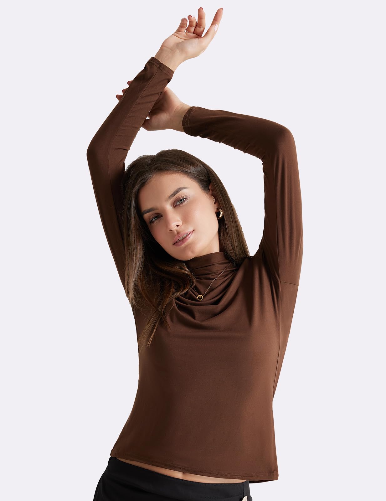 Upushall Women's Long Sleeve Turtleneck Tops Soft Lightweight Thermal Underwear Mock Neck Base Shirts for Women Brown M