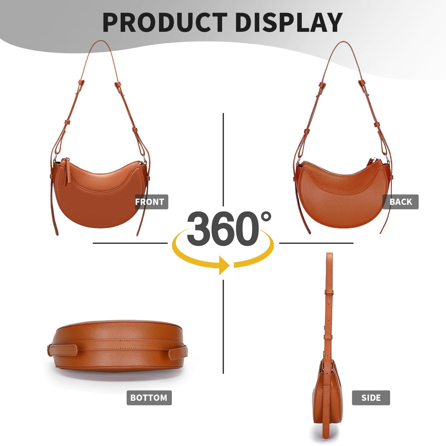 Herald Small Leather Crossbody Bag for Women, Designer Crescent Shoulder Purse Handbag with Adjustable Strap & Tassel (Brown)
