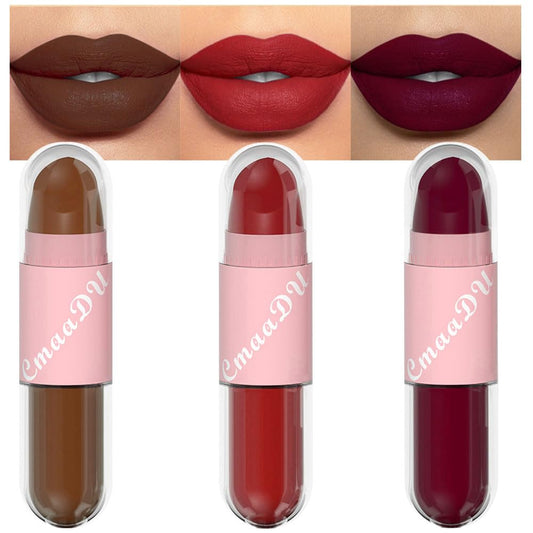 evpct 2 In 1 Matte Lipstick & Long Lasting Smudge Proof Liquid Lipstick Lip Gloss Stain 3Pcs Set for Women Dark Ruby Red Nude Beige Pink Mauve Matte Vegan Long Wear Waterproof 24 Hour Lipstick Set04