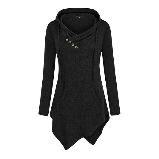 JEsilunmaMY Womens Hoodies Long Sleeve V Neck Irregular Hem Pullover Tops Solid Color Loose Patch Pocket Hooded Sweatshirt (Black1,Small)