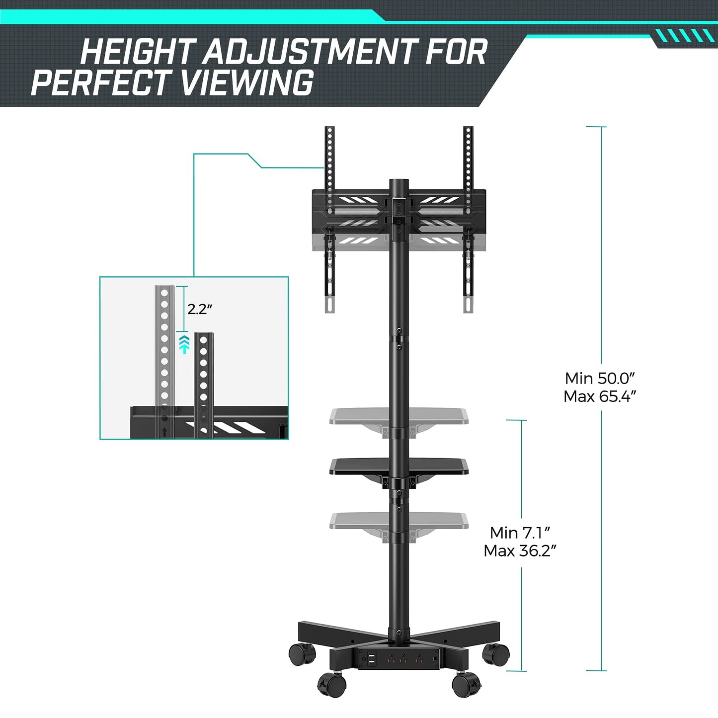 GREENSTELL TV Stand with Power Outlet, Mobile TV Cart on Wheels for 23-60 inch LED LCD Flat Curved Panel Screen TVs, up to 88 lbs, Height Adjustable Rolling TV Stand with AV Shelf, Max VESA 400x400mm