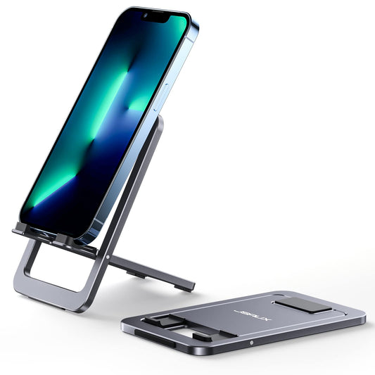 JSAUX Cell Phone Stand, Foldable Aluminum Adjustable Phone Holder for Desk Portable Travel Essentials Office Accessories Compatible with iPhone 16 15 14 13 Pro Max Samsung S24 S23 Ultra Kindle-Gray