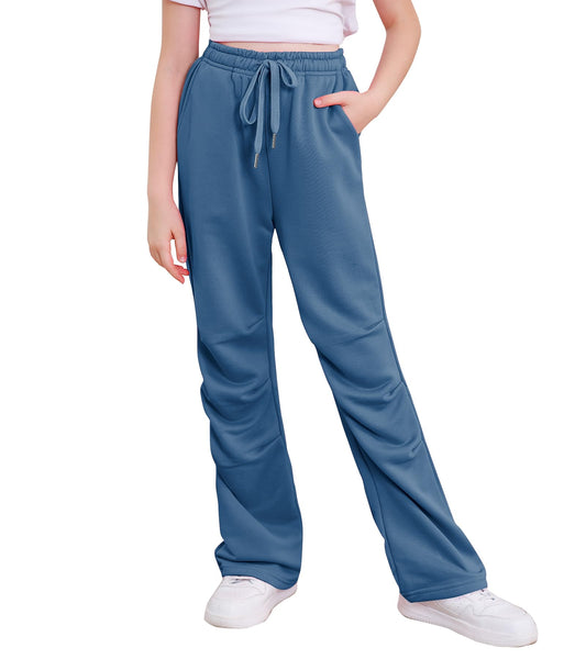 Kimoda Girls Casual Sweatpants 8-9 Kids Fall Winter High Waisted Loose Straight Blue Jogger Pants Kids Casual Drawstring Elastic Trousers