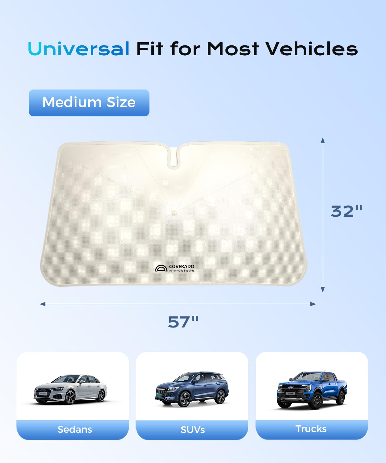 [2025 Upgrade] Coverado Windshield Sun Shade, UPF80+ Sunshade for Car Windshield Blocks Heat & UV Rays, Thickened Vinyl Coating Keep Cool Protect Interior, M 57”x32” for Sedans/SUVs