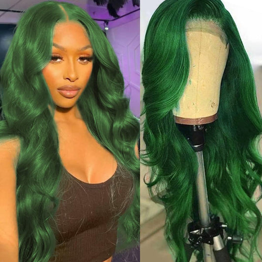 Colorful Bird 30 Inch Dark Green Lace Front Wigs Human Hair Body Wave 13x4 HD Lace Frontal Wig Pre Plucked with Baby Hair Green Lace Front Human Hair Wigs Glueless 150% Density