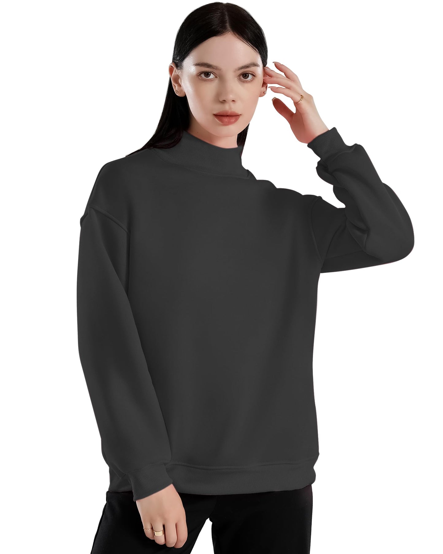 Jomiolo Long Sleeve Cute Hoodies Winter Clothes For Women Tops Womens Oversized Crew Neck Sweatshirt Turtleneck Pullover-Black-L