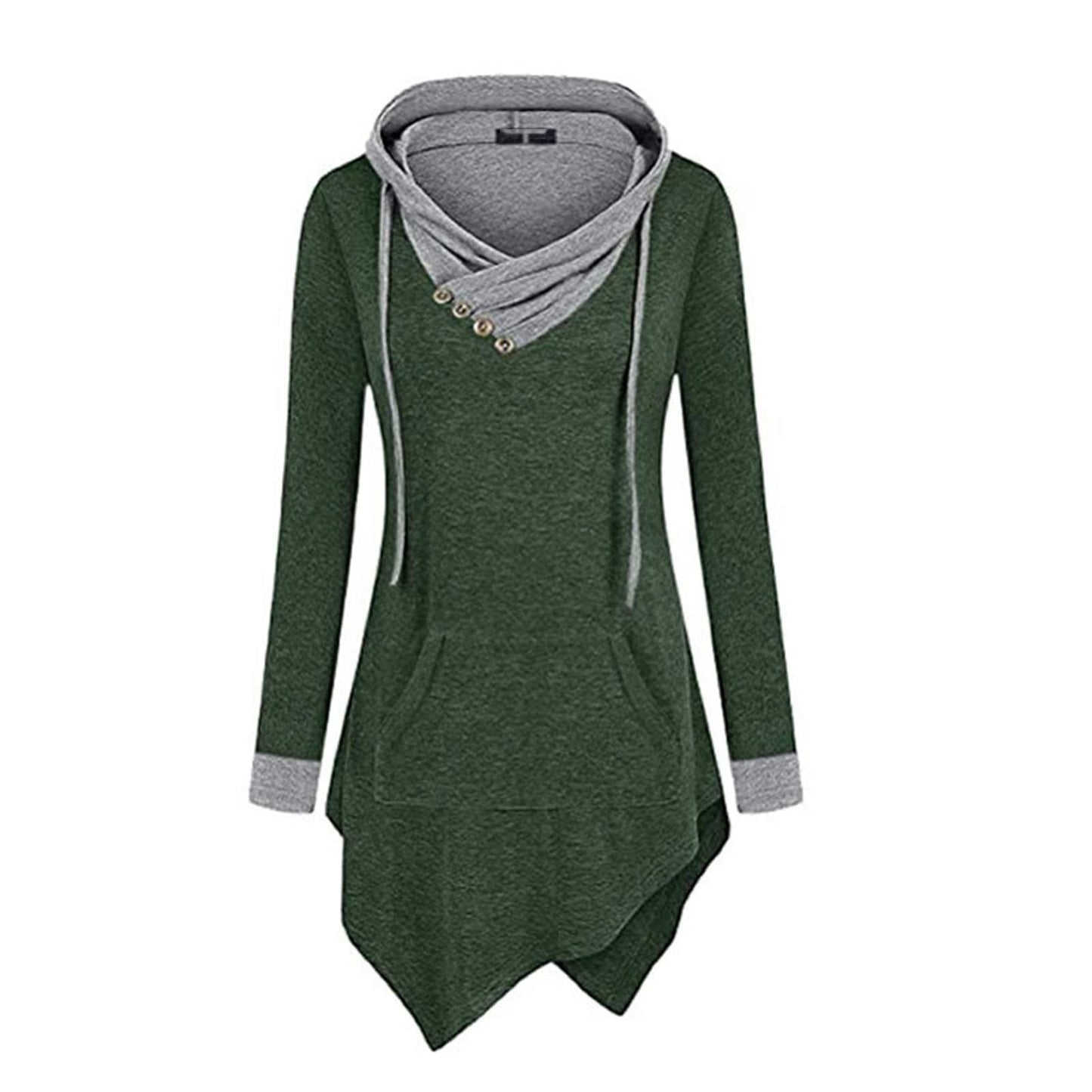 JEsilunmaMY Womens Hoodies Long Sleeve V Neck Irregular Hem Pullover Tops Solid Color Loose Patch Pocket Hooded Sweatshirt (Green,Small)