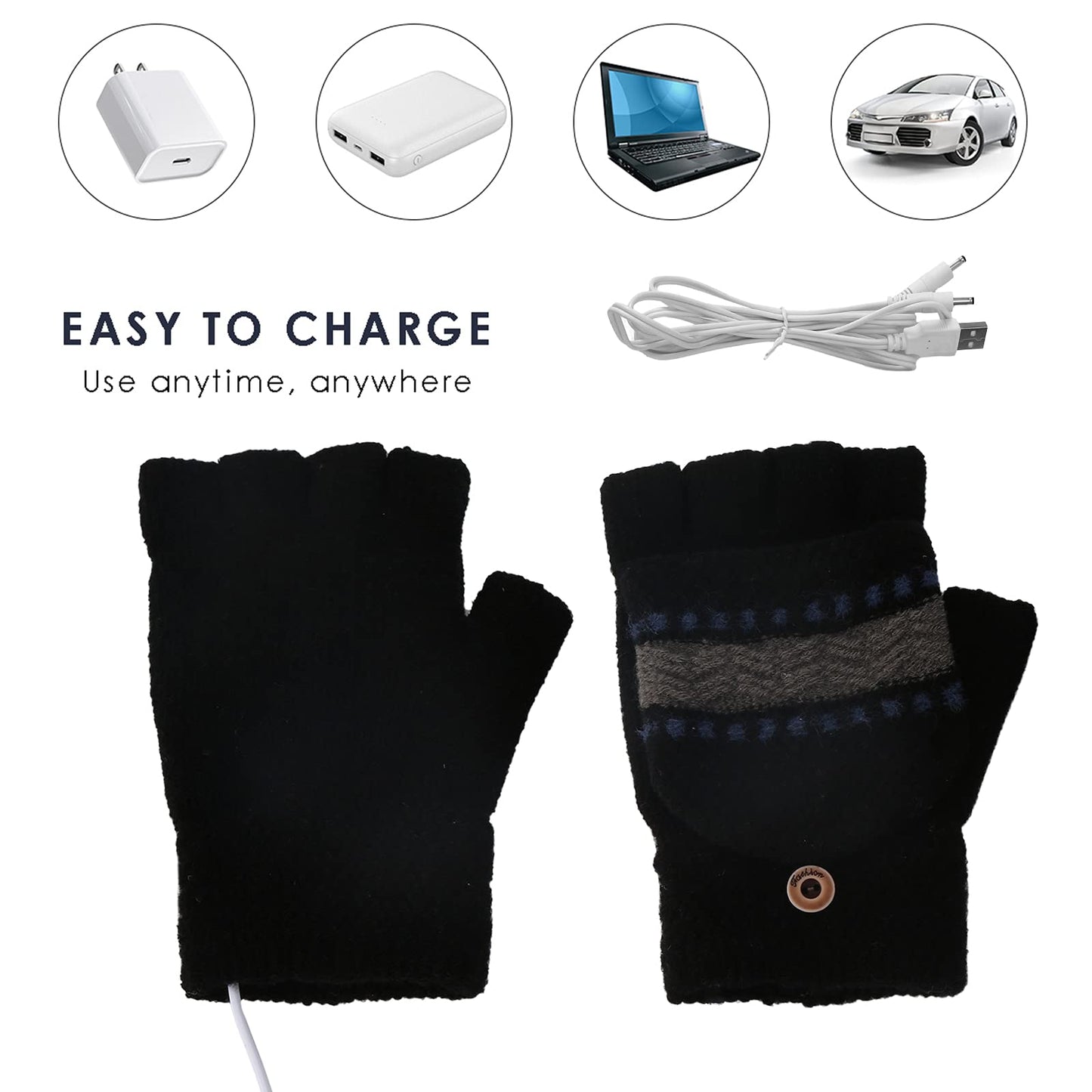 Yunnyp USB Heating Winter Gloves USB Heated Mittens Cashmere Gloves Knitting Hands Full& Half Heated Fingerless Heating Warmer for Women Men