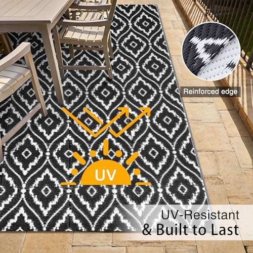 OLANLY Outdoor Rug 5x8 ft Waterproof, Outdoor Plastic Straw Rug with Geometric Pattern Clearance, Reversible RV Mat for Patio, Camping, Balcony, Deck, Backyard, Black & White