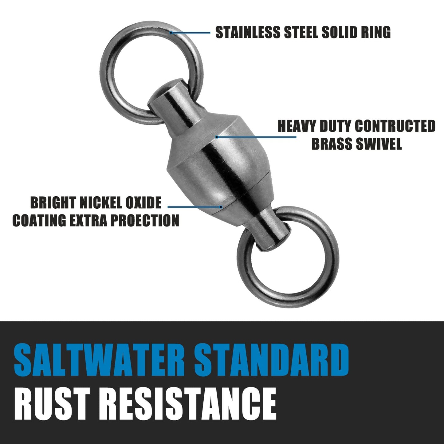 Dr.Fish 20 Pack Fishing Swivels, Ball Bearing Swivels Fishing Tackles, Saltwater Swivels Copper Stainless Steel Solid Rings Black Nickel Coating Barrel Swivels Heavy Duty Catfish Swivel Size 8