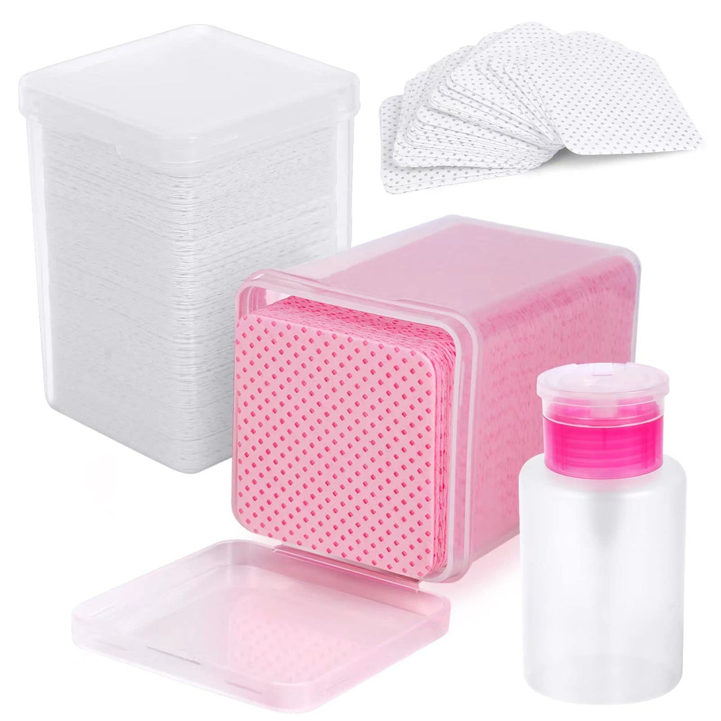400 Pieces Nail Cotton Pads,1 Pull-Down Pump Dispenser Bottle,Super Absorbent Soft Non-Woven Eyelash Glue Wipes,Nail Polish dehumidifier for Eyelash Extension Products and Nail Oil Bottle(Pink White)