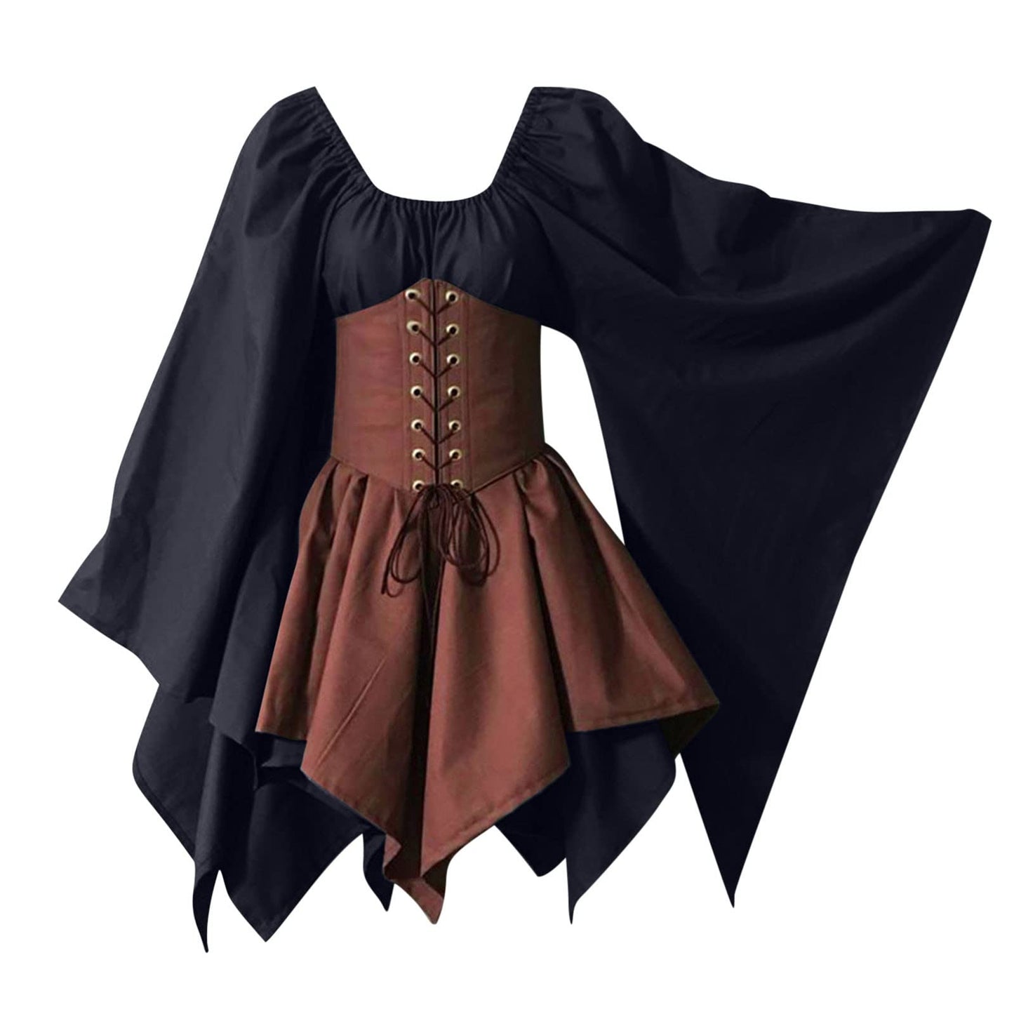 KEGIRLOM Max Subscription for Prime Members Women's Medieval Renaissance Dress Costume Flare Sleeve Corset Skirt Overskirt Elven Archer Irish Over Gown 2pcs Set,Medieval Dress for Women Hooded