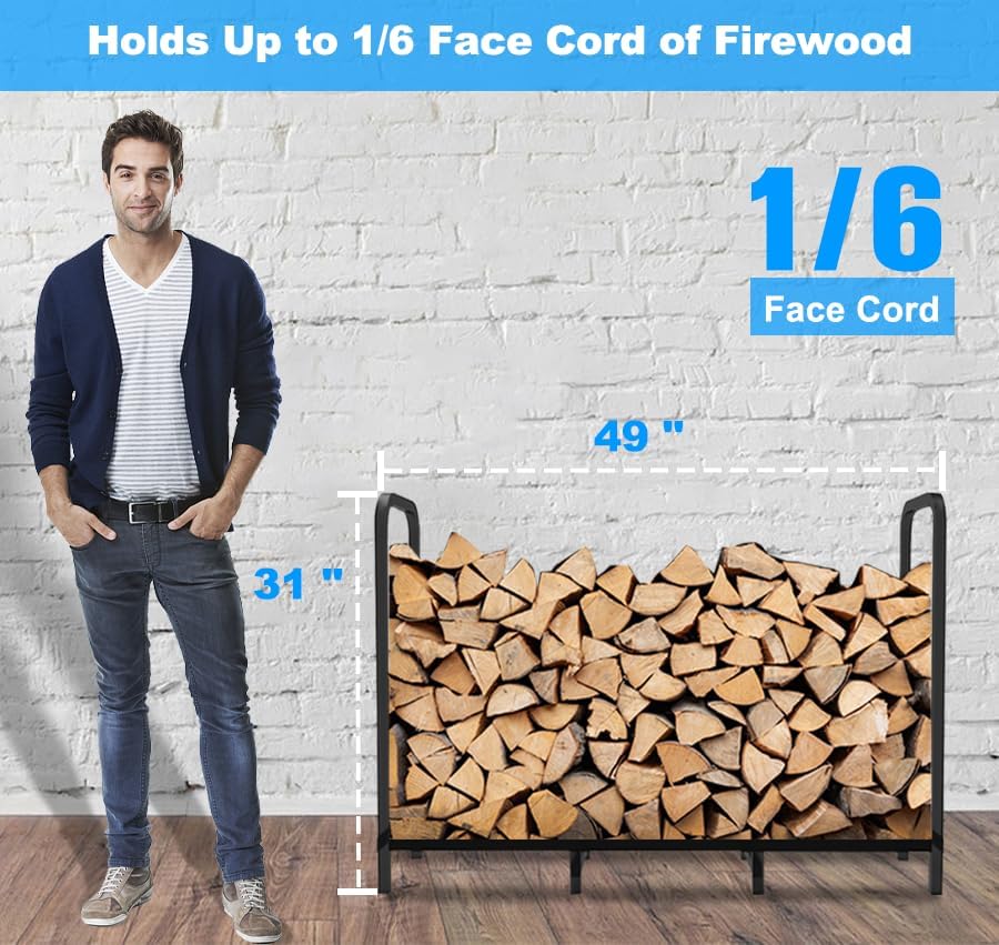 4ft Firewood Rack Holder, Adjustable Heavy Duty Fire Log Stacker Stand for Fireplace, Outdoor Indoor Metal Wood Pile Storage Organizer, Patio Logs Stand tool, Black