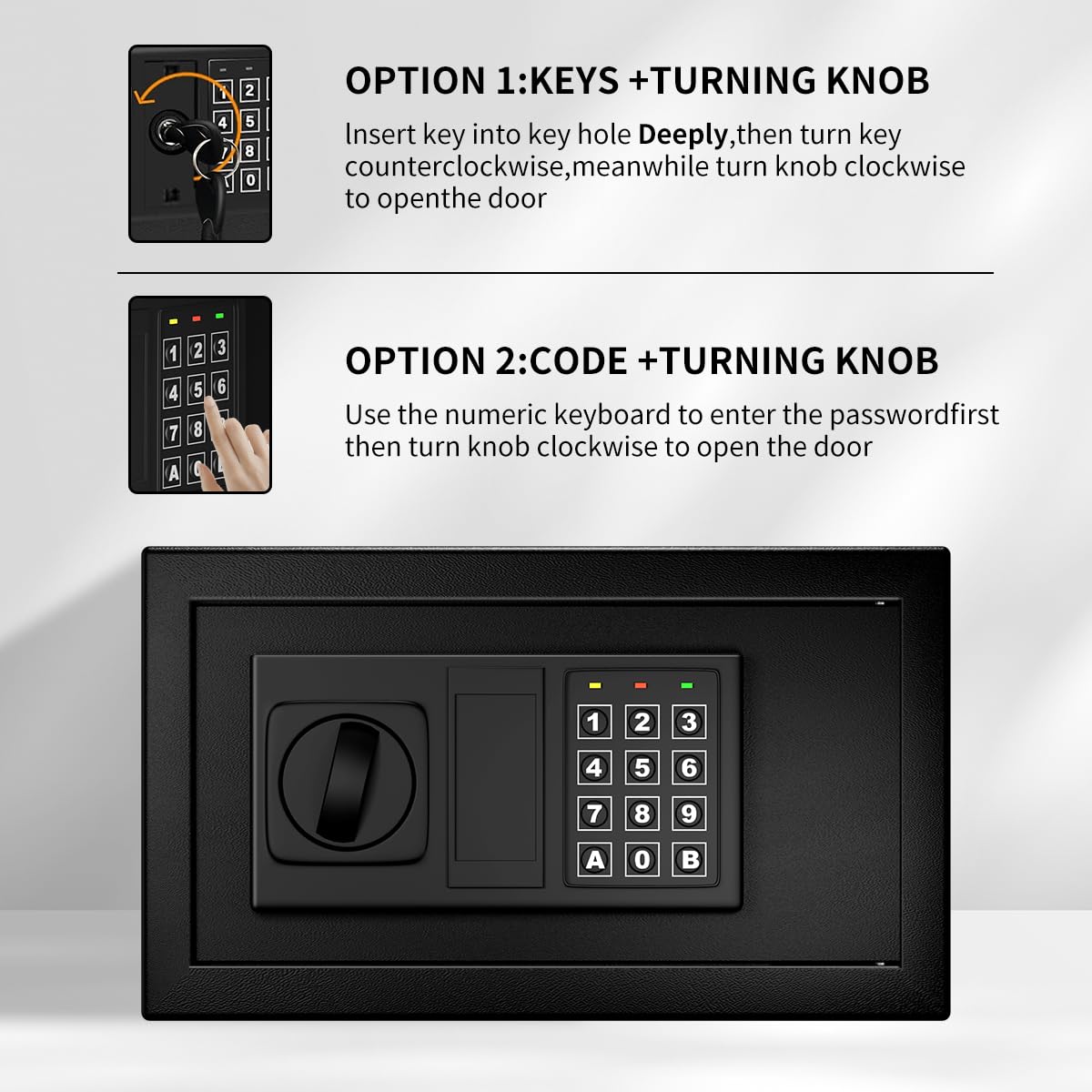 SamYerSafe Safe Box with Sensor Light,Security Lock Box， Steel Construction Hidden Electronic Safe with Lock，0.4 Cubic Feet ，Wall or Cabinet Anchoring Design for Home, Black