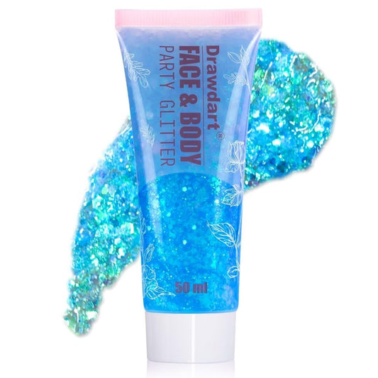 Drawdart Light Blue Face & Body Glitter,Chunky Glitter for Face Body Eye Lip Hair,Singer Concerts Iridescent Face Paint Glitter Makeup 50ml,Easy Application & Removal