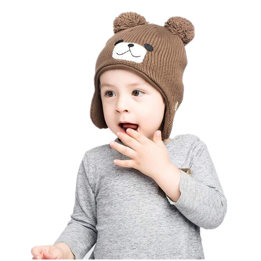 LLmoway Kids Beanie Hat Toddler Boys Knit Cap Winter Warm Cute Earflap Skull Pom Pom Hat Brown, 2-ply