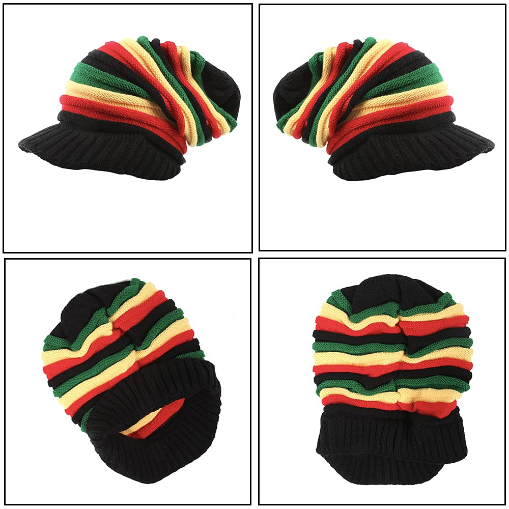 2Pcs Wool Knit Rasta Hat Reggae Jamaican Cap Colorful Beanie Skull Hat Slouchy Baggy Cap Winter Autumn