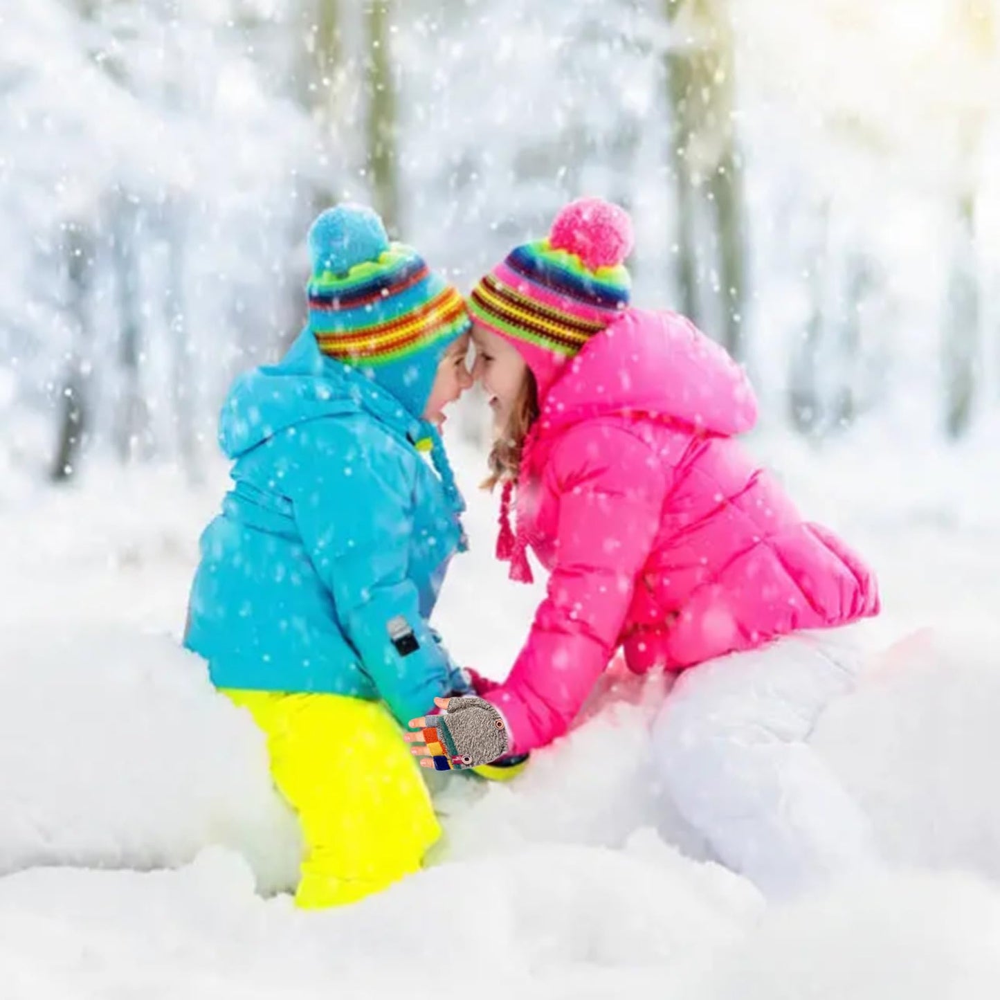 Kids Winter Gloves, Warm Knitted Convertible Fingerless Gloves for Baby Boy Girl with Mittens Cover Cap