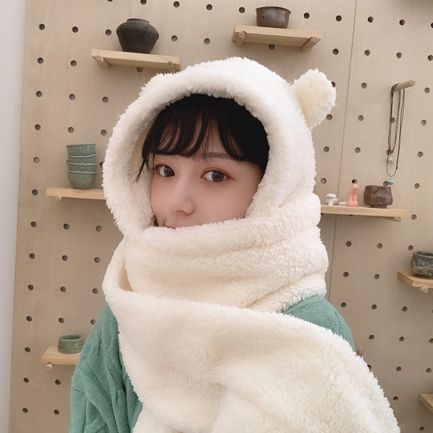 Women Kawaii Bear Ear Beanie Hat Scarf 2 in 1 - Cute Winter Warm Sherpa Thicken Fleece Fuzzy Japanese Fluffy Knit Hat Cap (White)
