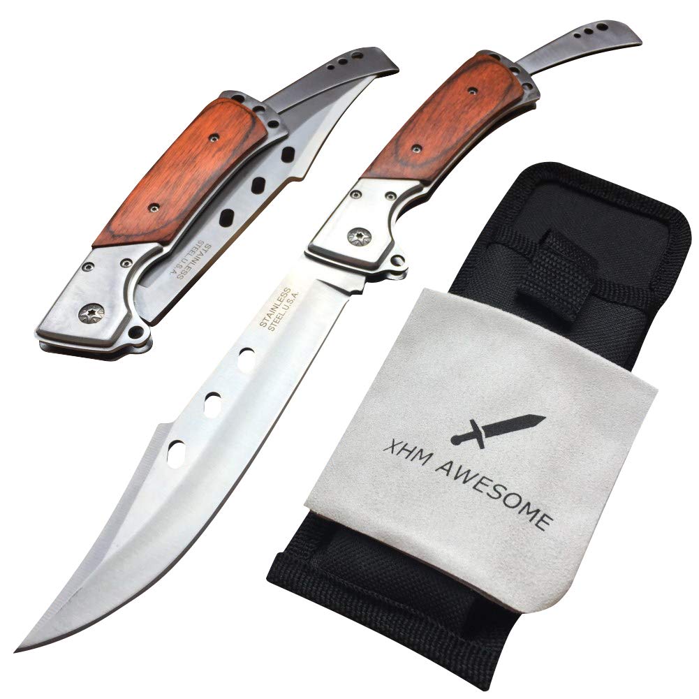 XHM Awesome Folding Knife Large 10.8-inch, Pocket Knives for Men, Hunting, Camping, Fishing, Survival, Hiking, Self Defense, Wood Handle (with Nylon Sheath)