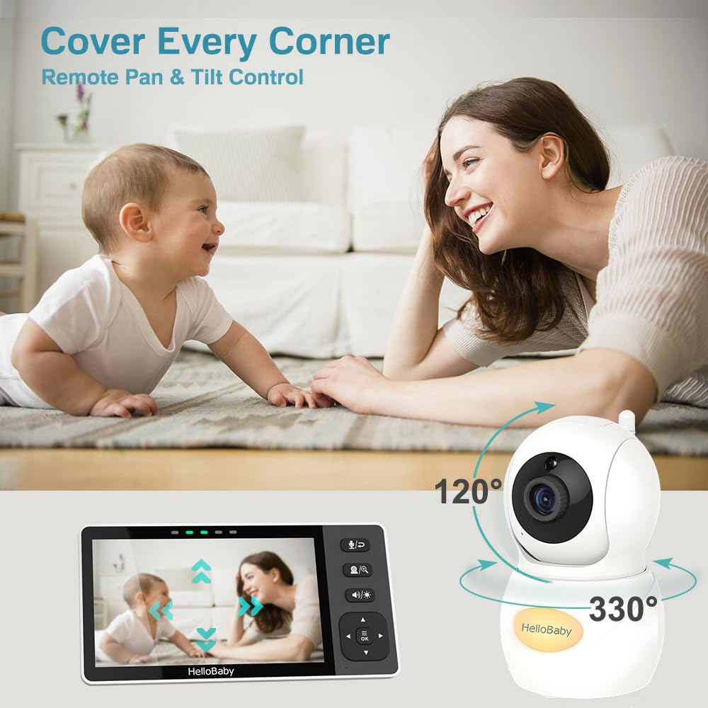HelloBaby 720P 5.5" HD Baby Monitor 2 Cameras and Audio, No WiFi Split Screen, Dual 1080P Cameras Remote Pan Tilt Zoom, Wide View Range, Night Light, 4000mAh Battery, 2 Way Talk, Time&Clock