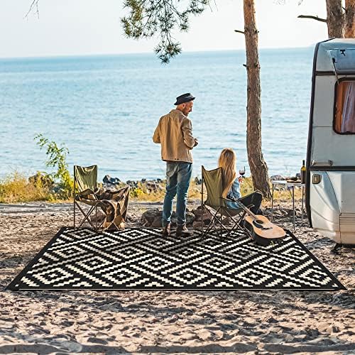 GENIMO 5x8 Outdoor Rug Waterproof, Reversible Mats, Area Rug, Plastic Outside Carpet, Geometric Rv Mat for Patio Camping Rv Picnic Backyard Deck Balcony Porch Beach Trailer (Black & Beige)