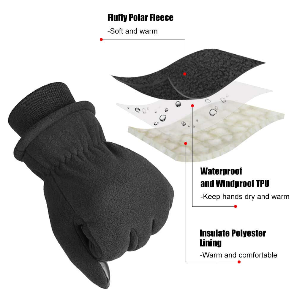 OZERO Winter Gloves Cold Proof Snow Work Thermal Glove Warm Polar Fleece Insulated Artificial Lamb Wool for Women and Men Large Black