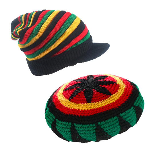 2Pcs Wool Knit Rasta Hat Reggae Jamaican Cap Colorful Beanie Skull Hat Slouchy Baggy Cap Winter Autumn