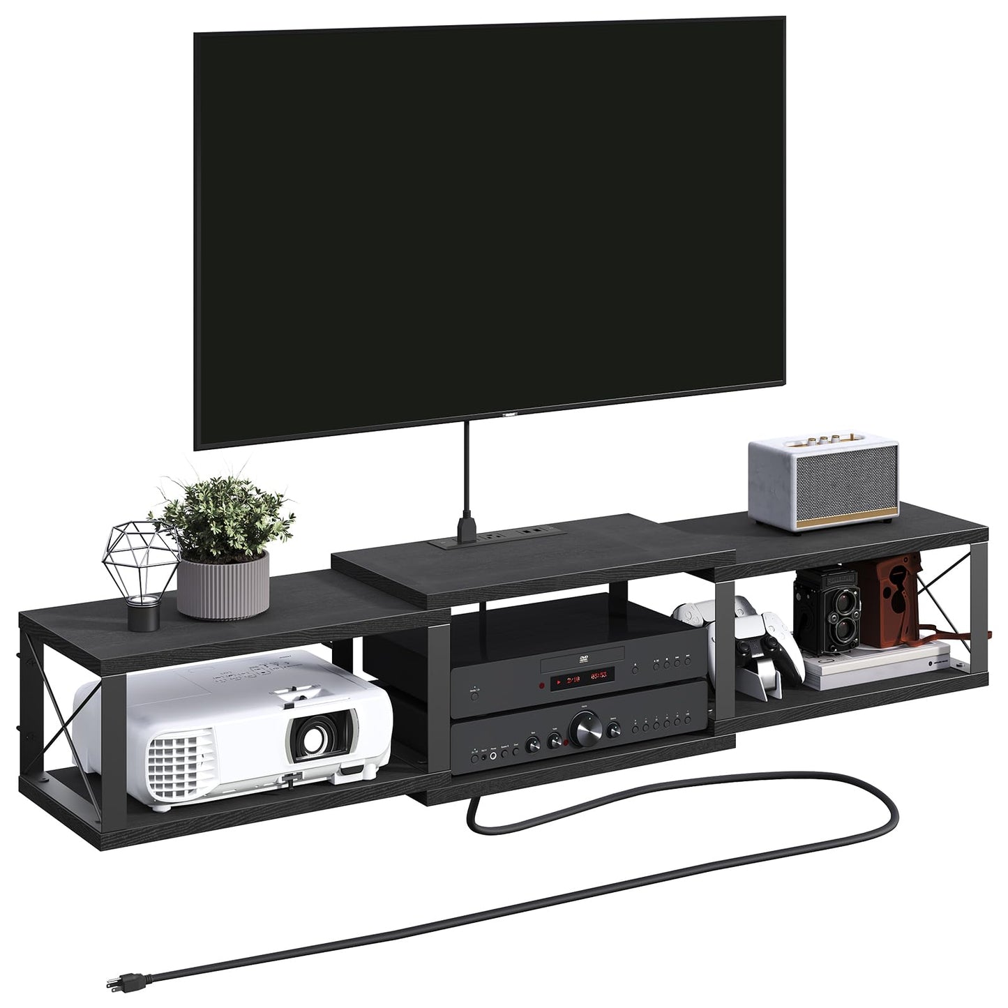 MAHANCRIS Floating TV Stand with Power Outlet, Wall-Mounted Entertainment Console Center with Storage, Floating Metal Frame TV Shelf for Under TV Storage, for Living Room, Bedroom, Black TVHB101E01
