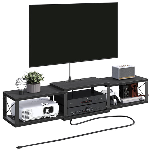 MAHANCRIS Floating TV Stand with Power Outlet, Wall-Mounted Entertainment Console Center with Storage, Floating Metal Frame TV Shelf for Under TV Storage, for Living Room, Bedroom, Black TVHB101E01