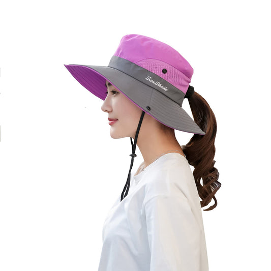 PFFY Ponytail Sun Bucket Hat for Women 3” Wide Brim UPF 50+ Bucket Fishing Beach Hats Purple/Grey