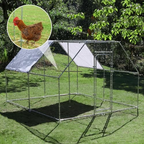 Large Metal Chicken Coop Run with Climbing Frame, Outdoor Walk-in Poultry Cage Flat Top with Waterproof&Anti-UV Cover, for Outdoor Backyard Farm, Silver (118" L x 118" W x 78.7" H)